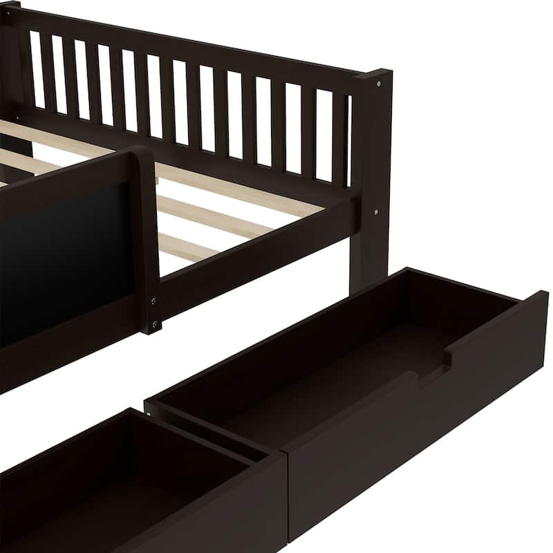 Childlike Fun Solid Wood Low-profile Platform Bed Storage Bed Frame with Side Chalkboard, Open Shelves, Drawers and Guardrails