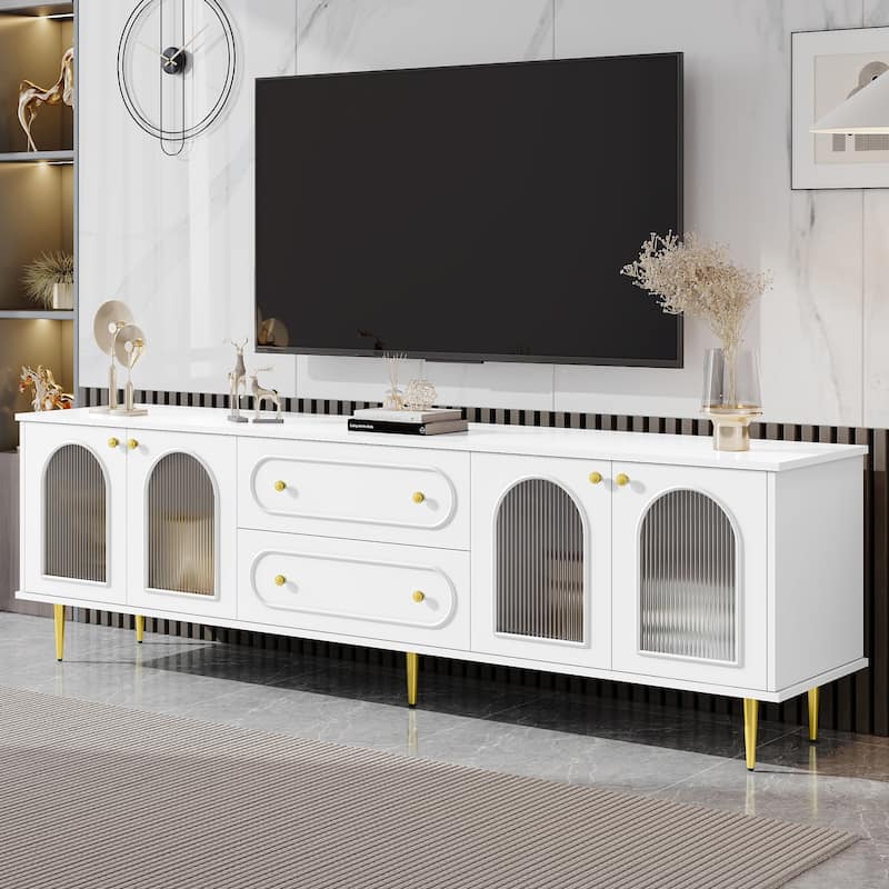78.7" Modern TV Stand, TV Cabinet with 2 Drawers and 2 Cabinets with Fluted Glass Doors - White