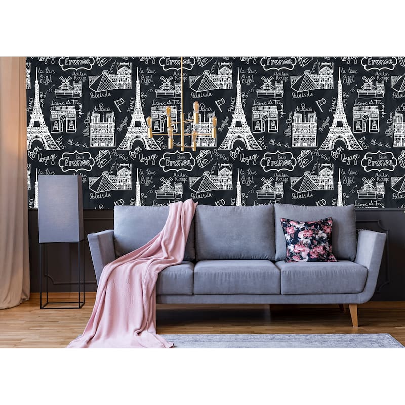 Retro Sketchy Famous Paris Removable Wallpaper - 24'' inch x 10'ft