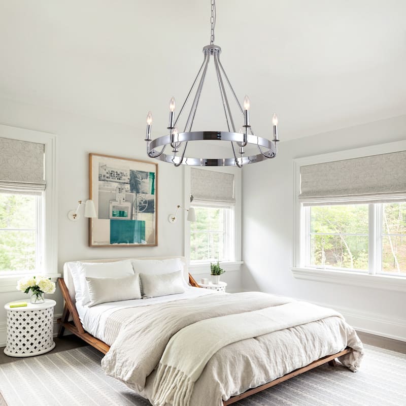 Cusp Barn 28 Inch Farmhouse Wagon Wheel Chandelier, Industrial 6-Light Chrome Round Kitchen Island Pendant Light for Dining Room