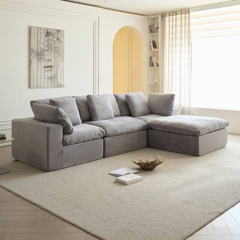 Cloud Modular Sectional Sofa, Oversized Sectional Couches for Living Room, Cushion Deep Seat Sofa Set, Corduroy L Shaped Couch - Light Gray