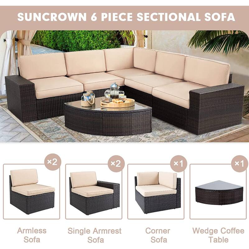 Suncrown Outdoor 6-piece Brown Rattan Sectional Sofa Set with Table