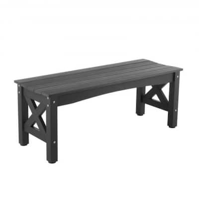 Black Plastic Backless Garden Bench with Cross-Leg Design for Comfortable 2-Person Seating - 44.5” x 15.7” x 17.1”
