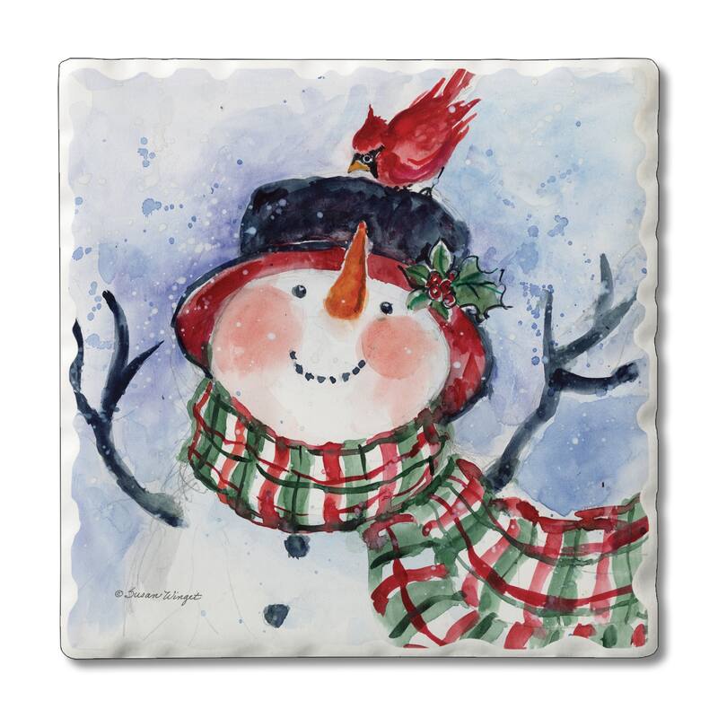 Counterart Absorbent Stone Coasters - Snowman Green Plaid - Set of 4 - 4x4x1.577