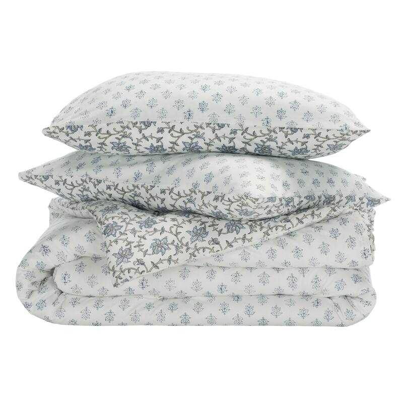 SAFAVIEH HOME 100% Cotton Floral Reversible 3-piece Comforter Set - 90"W x 90"L - Blue Mist/Sage Green