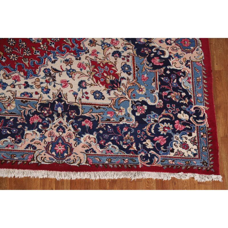 Floral Red Mashad Persian Area Rug Hand-Knotted Wool Carpet - 10'1" x 12'11"