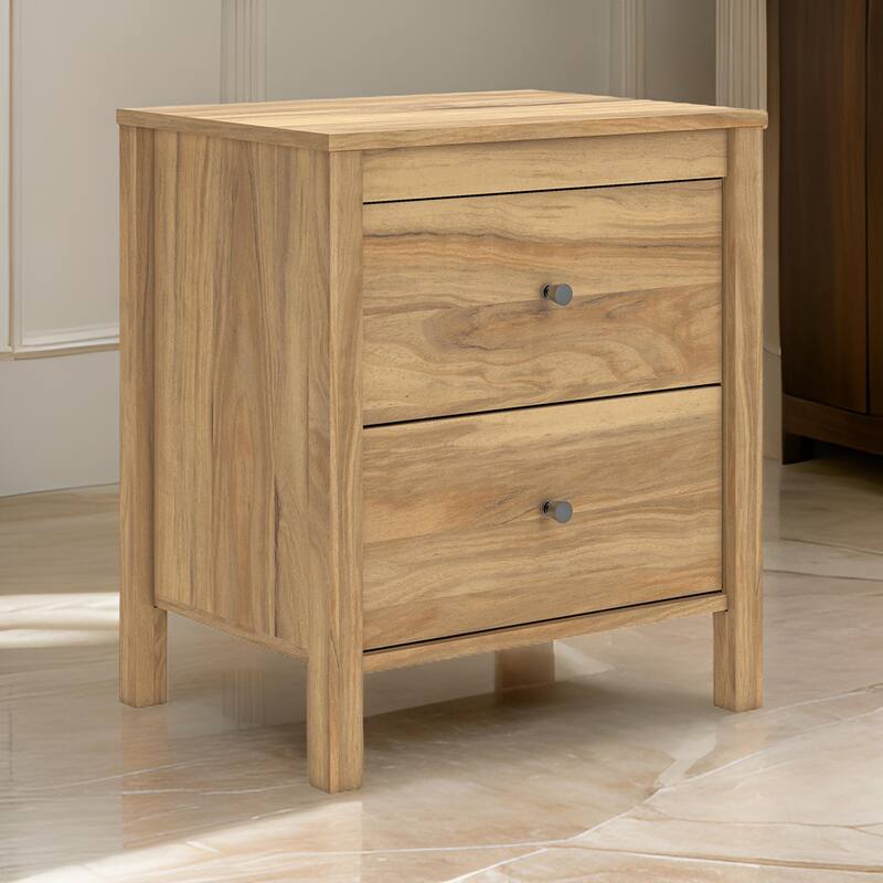 Maci Nightstand, 2 Drawers, Light Natural Brown Wood Finish, 24 Inch