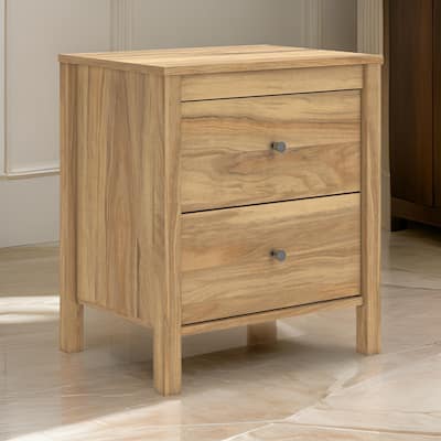 Maci Nightstand, 2 Drawers, Light Natural Brown Wood Finish, 24 Inch