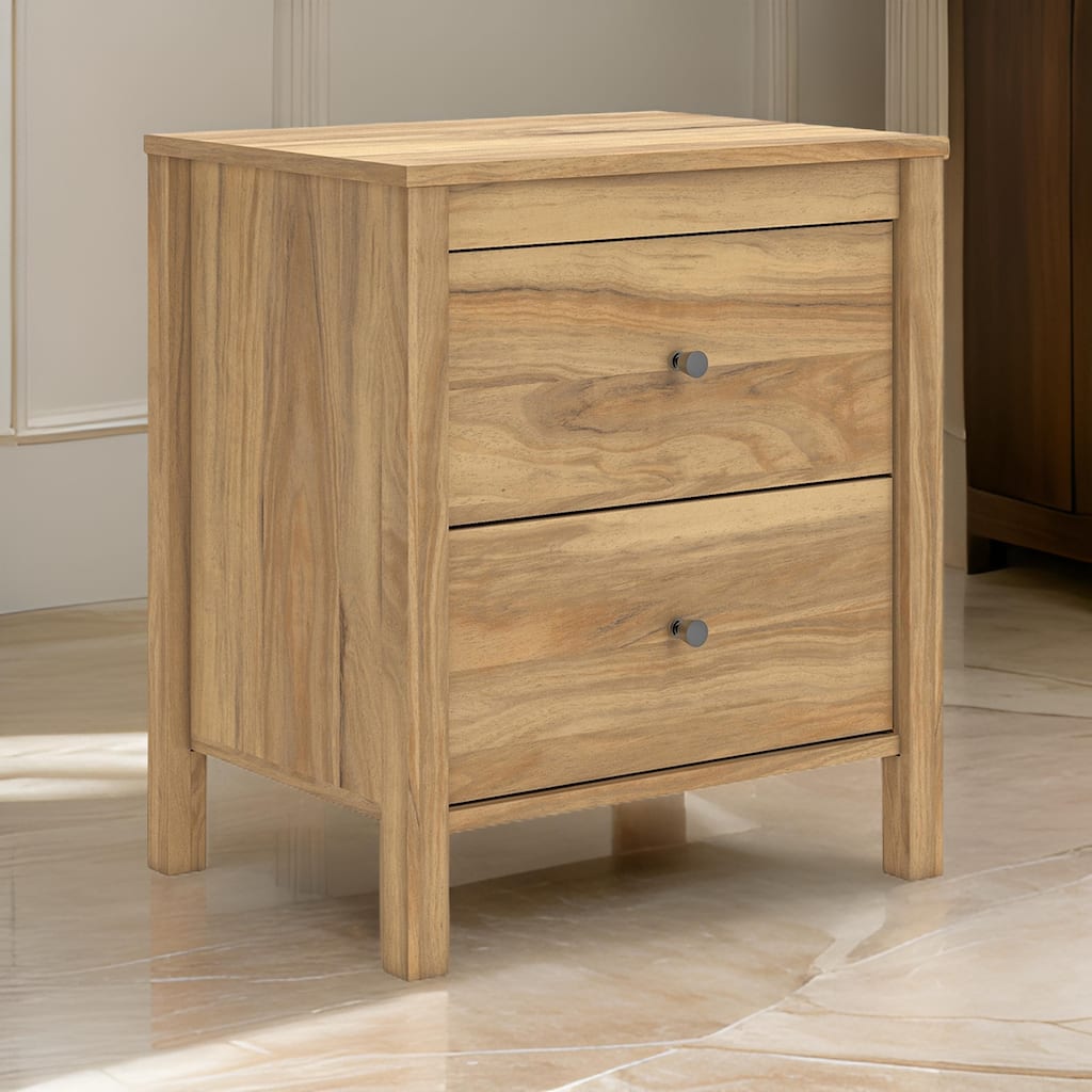 Maci Nightstand, 2 Drawers, Light Natural Brown Wood Finish, 24 Inch