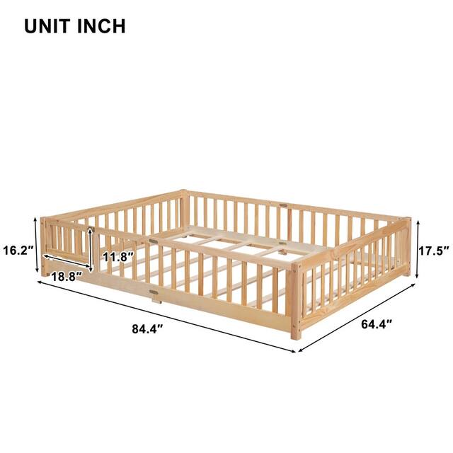 Twin/Full/Queen size Floor Platform Bed with Fence and Door for Kids, Toddlers