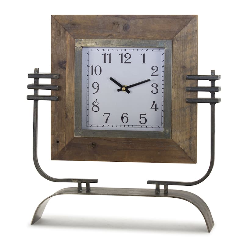Wood Square Clock on Rustic Metal Stand 17.5"H