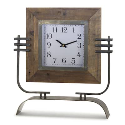 Wood Square Clock on Rustic Metal Stand 17.5"H
