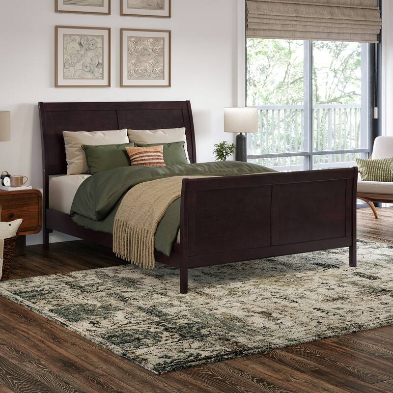 Valencia Solid Wood Low Profile Sleigh Platform Bed with Matching Footboard - Espresso - Full