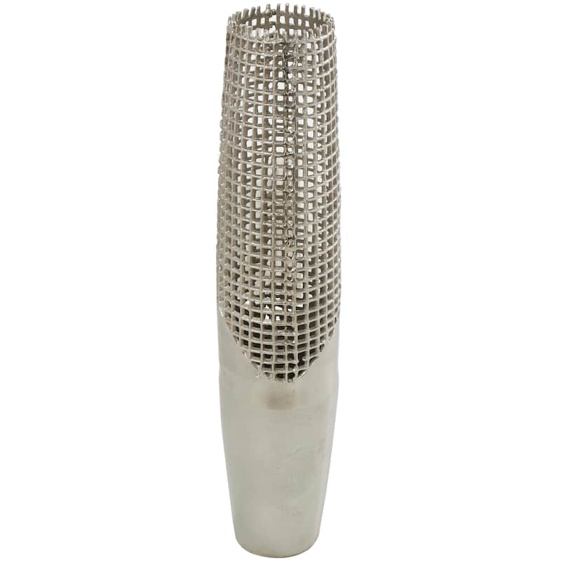 Silver Aluminum Metal Tall Grid Inspired Decorative Vase with Open Frame Design - 6"W, 29"H