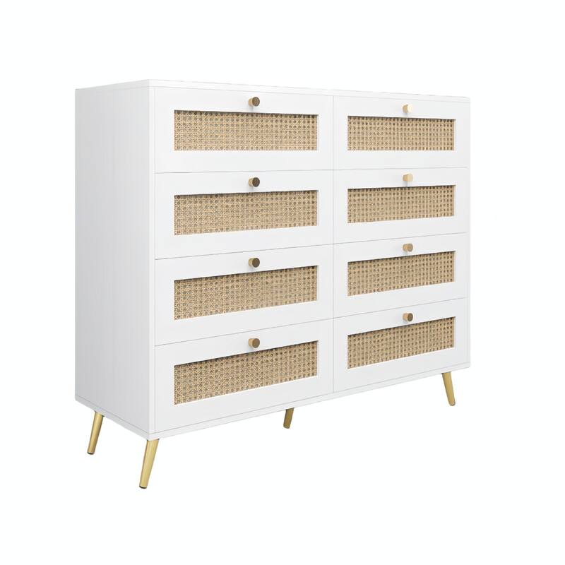 8-Drawer Chest of Drawers with Rattan Drawer Fronts, Golden Legs, and Handles