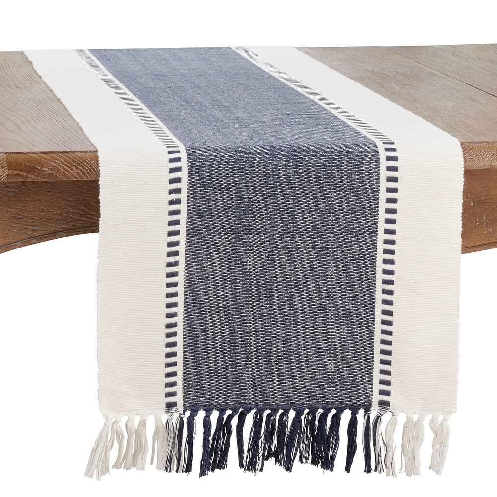 Striped Cotton Table Runner with Tassel Fringe – Woven Neutral Table Décor for Modern, Farmhouse, Boho & Coastal Homes - 16"x72"
