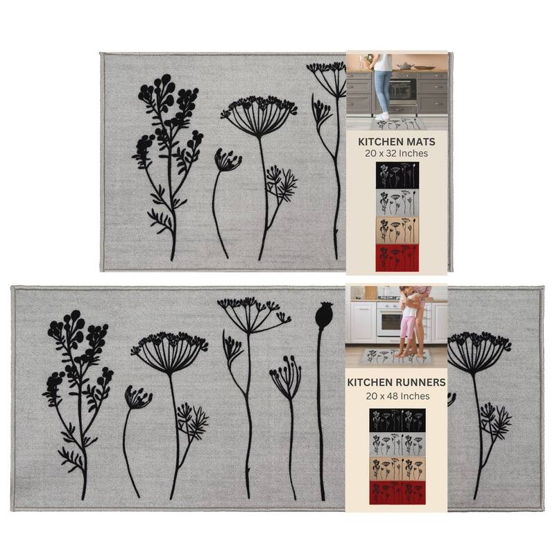 Wool Effect Wildflowers Kitchen Mat or Runner Rug - Set of 2 - Gray/Black