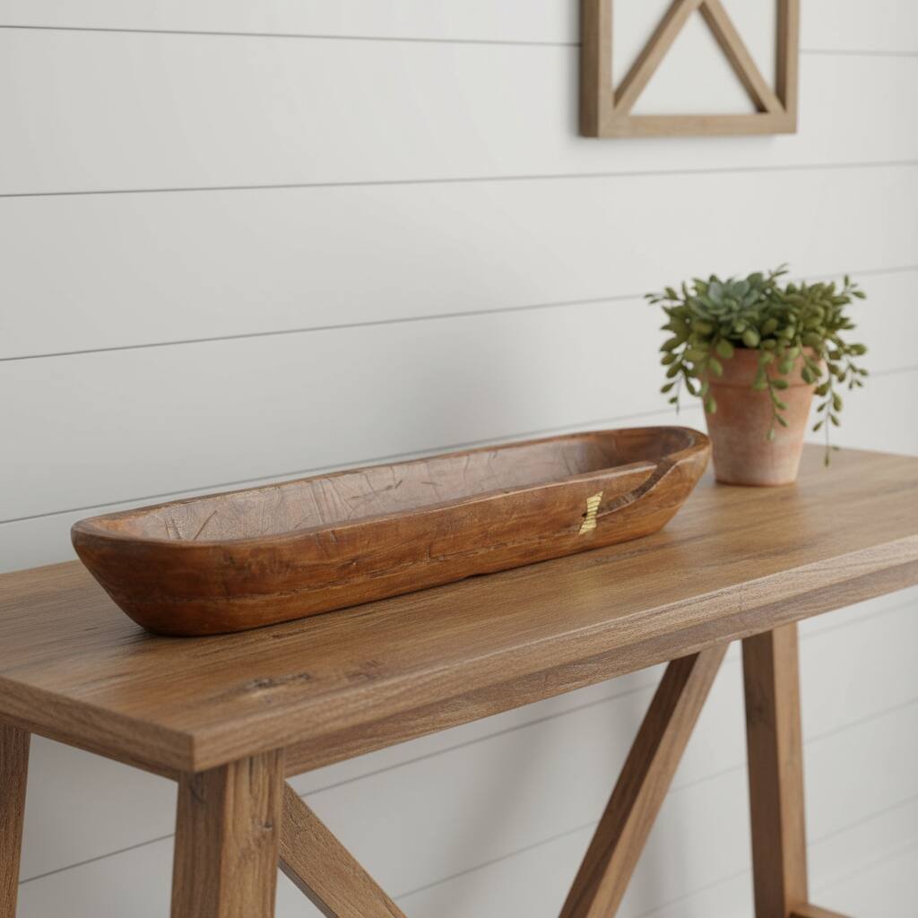 HomeRoots 42" Brown And Gold Reclaimed Wood Asymmetrical Edge Oval Centerpiece Bowl - 42.00 in. x 5.00 in. x 8.75 in.