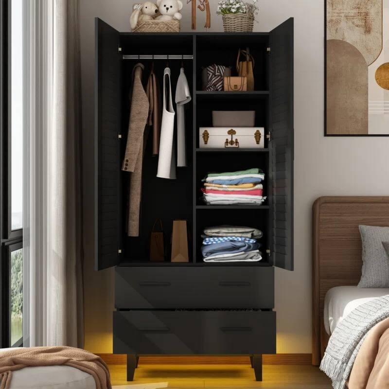 Contemporary Pine Wood Wardrobe with Adjustable Shelves LED Lighting Drawers and Louver Doors - 71'' H X 31.51'' W X 19.72'' D