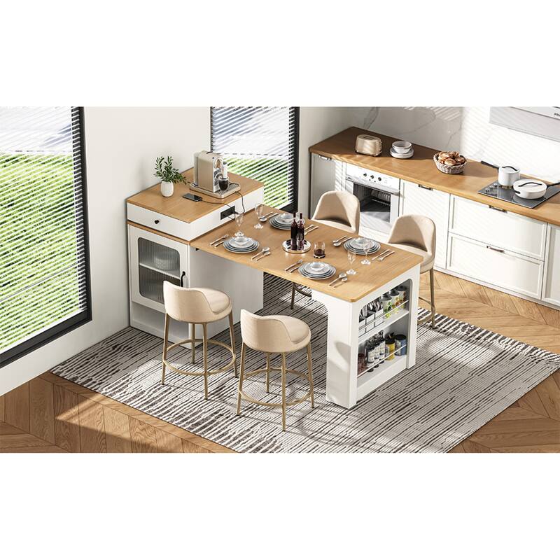 Roomfitters 59.5" Kitchen Island with 41.8" Extendable Dining Table, Double-Sided Storage, Power Outlet, 2 Drawers