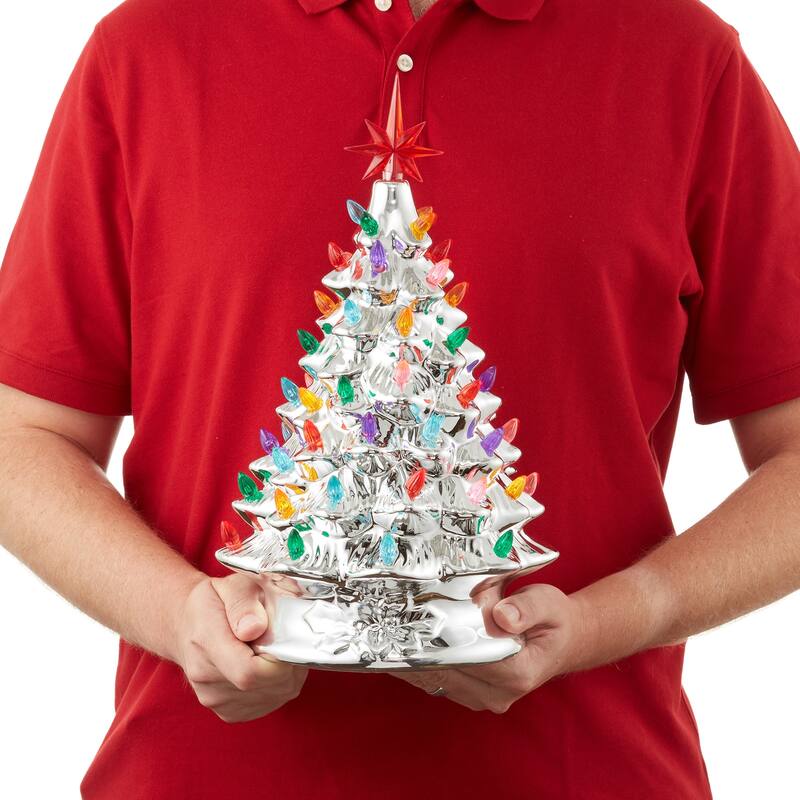 15in Hand Painted Ceramic Christmas Tree Silver PreLit Tree w Star