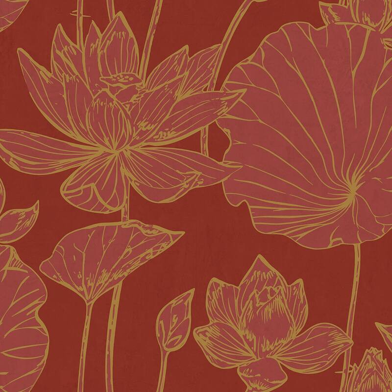 Seabrook Designs Koi Lotus Floral Unpasted Wallpaper - 27 in. W x 27 ft. L - Metallic Gold and Crimson