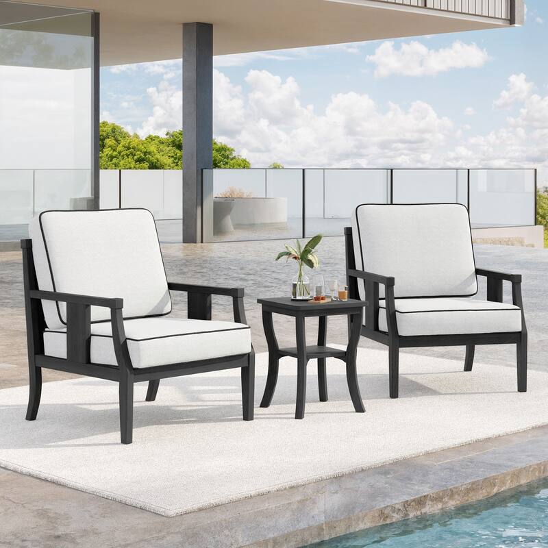 3-Piece Teak Wood Outdoor Armchair Set with Side Table, Cushions, Patio Seating Sets - Dark Wood - Beige