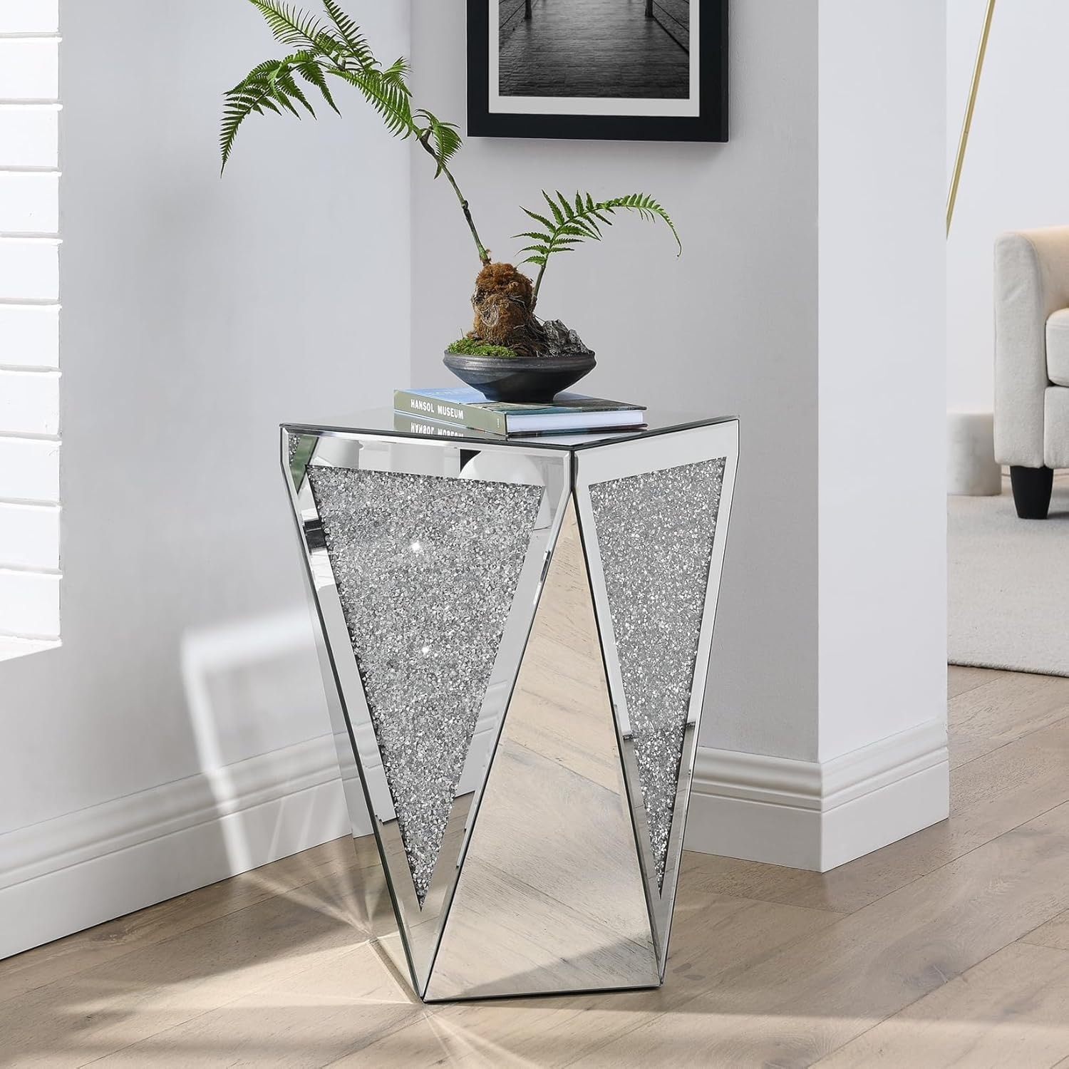 Modern Mirrored Side Table with Open Storage, Mid-Century End Table for Living Room, Bedroom, or Guest Room