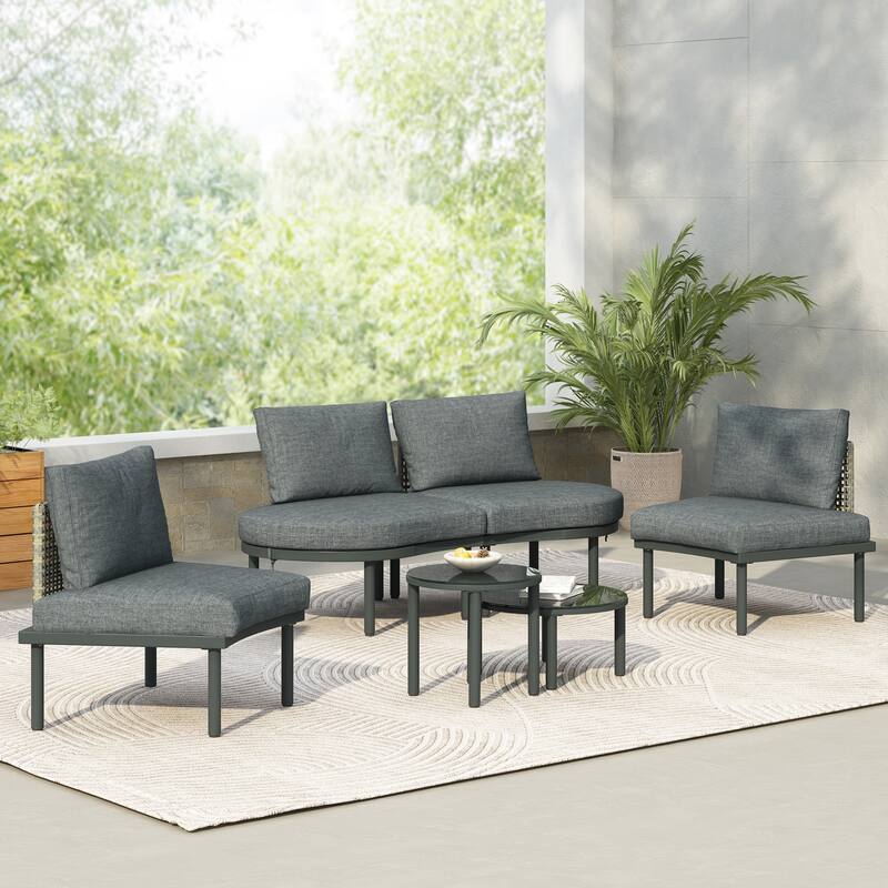 6-Piece Patio Half Moon Sofa Set with 2 High-Low Coffee Tables, 4 Pillows & Cushions - Grey