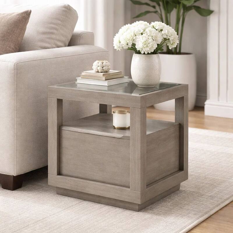 24 Inch End Table, 1 Drawer, Tempered Glass Surface, Plinth Base, Warm Gray