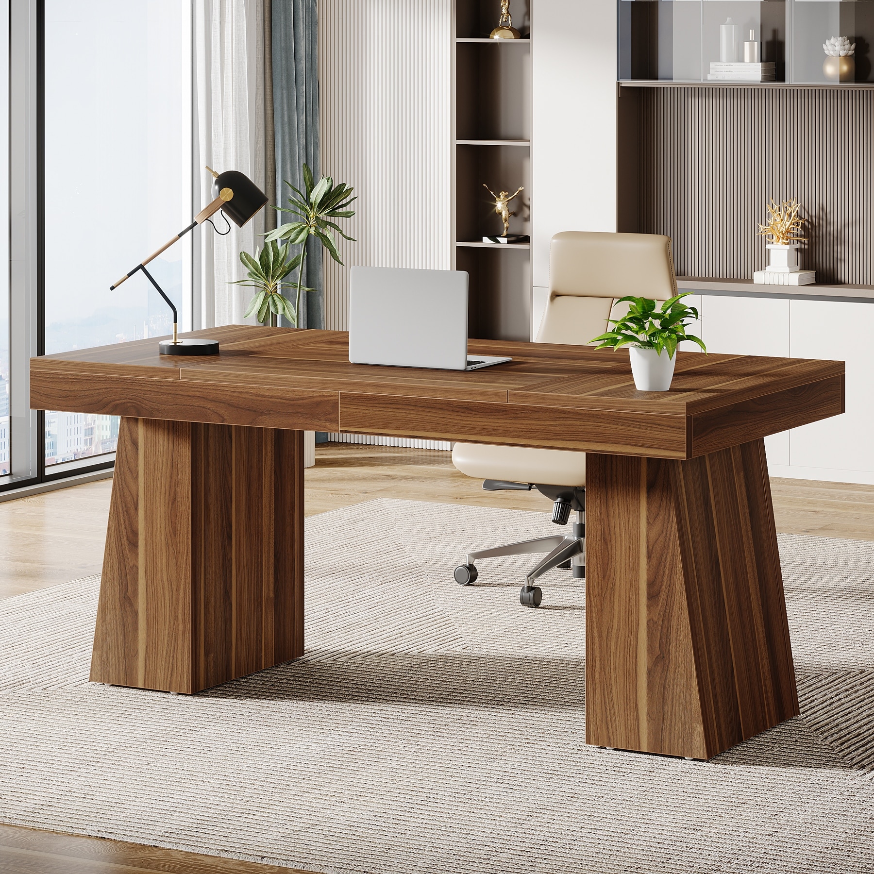 55 Inches Brown Wood Large Executive Desk for Home Office