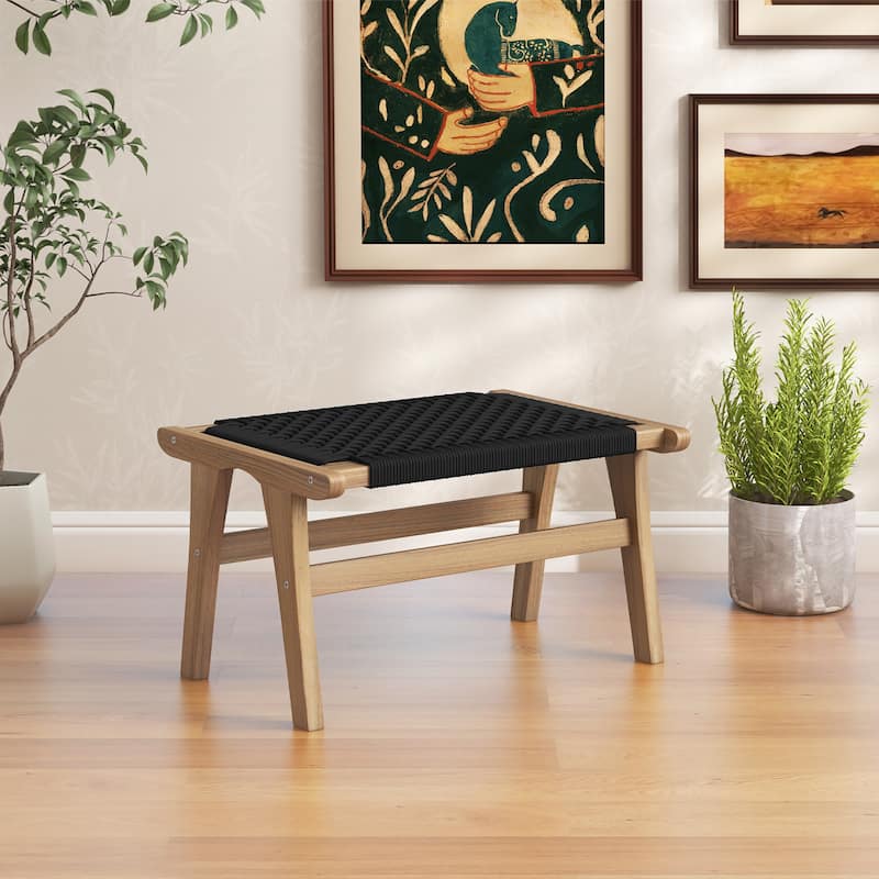 Gymax 2PCS Teak Ottoman Footstool w/ Handwoven Cordage for Patio Porch