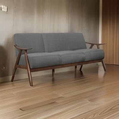 Indy 73 Inch Sofa, Brown Wood Angled Frame, Textured Light Gray Fabric