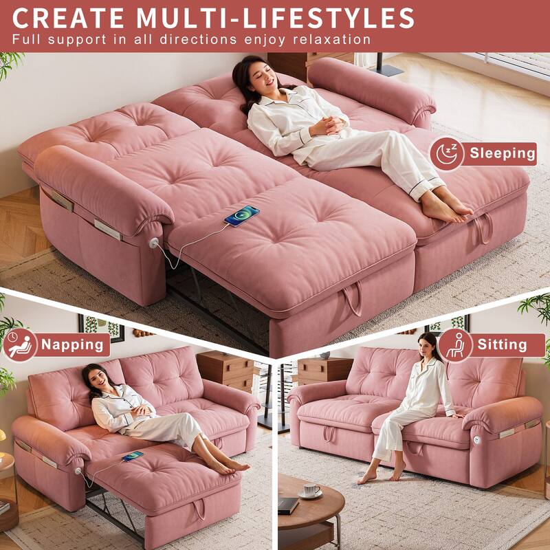2-in-1 Velvet Pull Out Sleeper Sofa Bed Convertible Loveseat Couch for Sitting, Napping or Sleeping with Side Pockets and USB