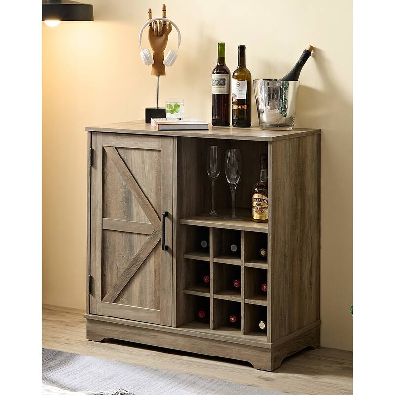 Wine Bar Cabinet for Liquor and Glasses, Farmhouse Coffee Bar, Cabinet with Wine Rack Barn Door Buffet Sideboard Cabinet - Gray Wash