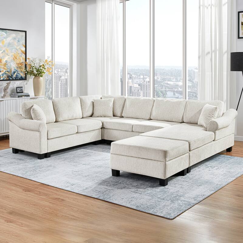 Roomfitters U-Shaped Chenille Sectional Sofa with Storage Ottoman, Modern Upholstered Couch for Living Room
