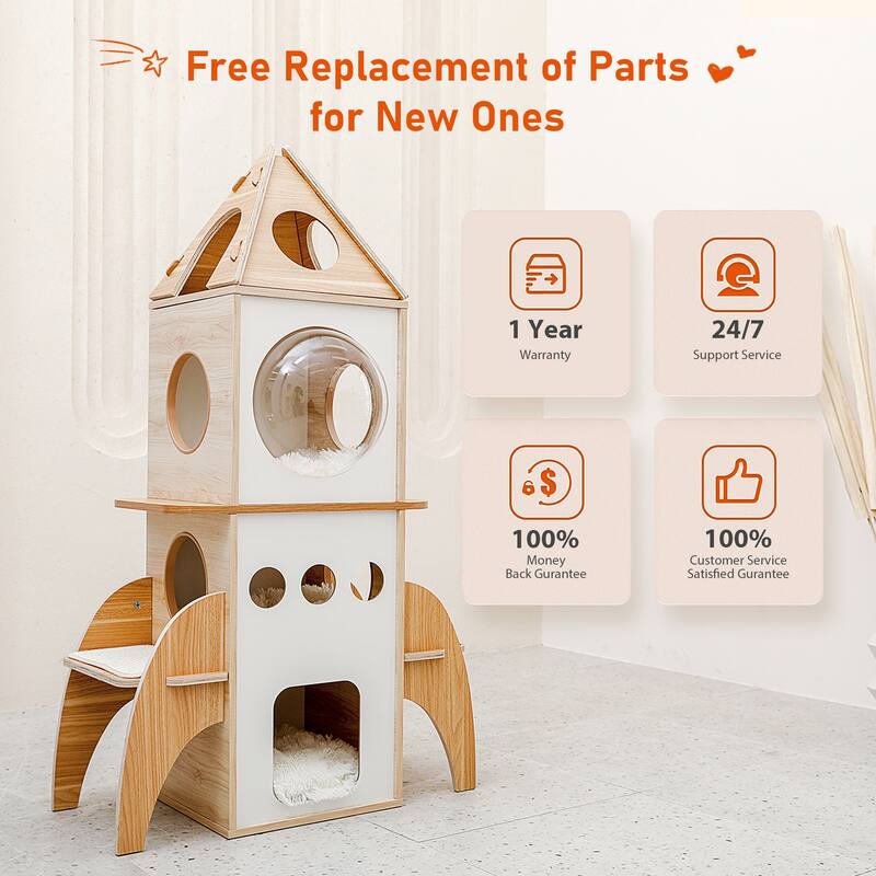 Modern Rocket Shape Multi-level Cat Tree with 3 Condos & Dangling Balls