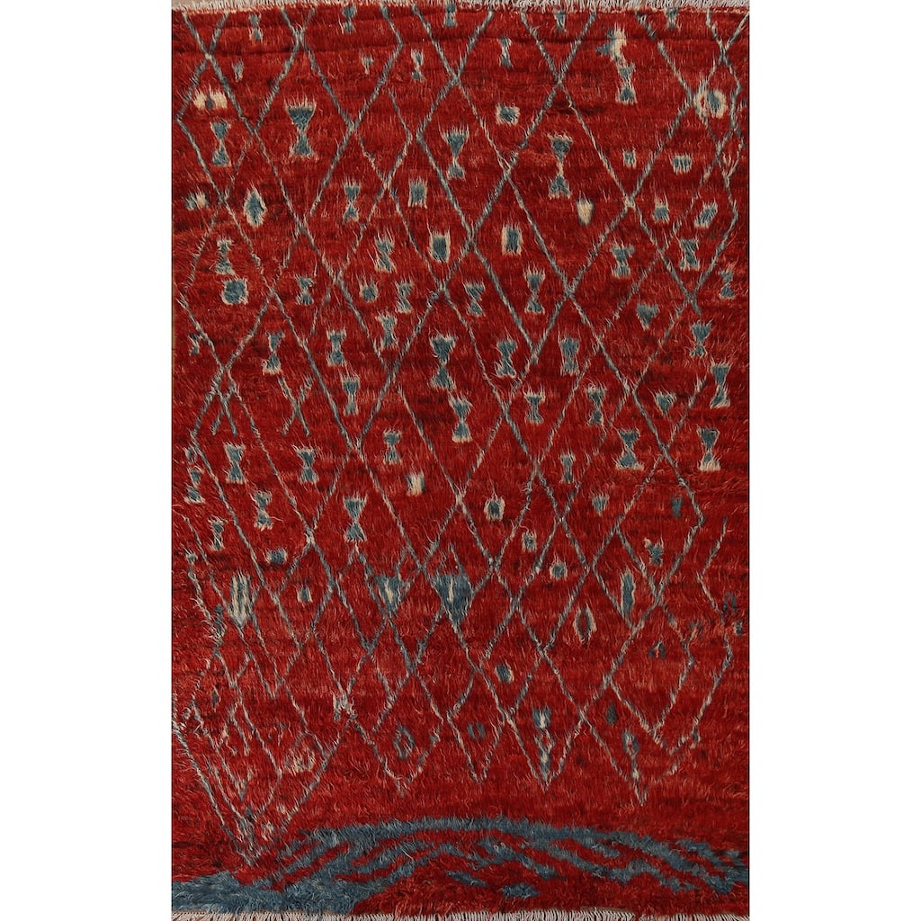 Hand Knotted Oriental 100% Wool Carpet Modern Tribal Red Moroccan Area Rug - 9' 9'' X 6' 5''