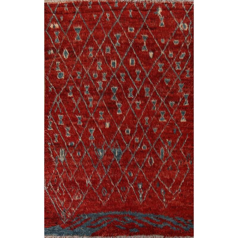Hand Knotted Oriental 100% Wool Carpet Modern Tribal Red Moroccan Area Rug - 9' 9'' X 6' 5''