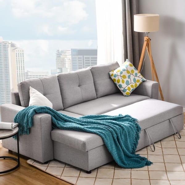slide 5 of 9, Reversible Pull out Sleeper L-Shaped Sectional Storage Sofa Bed Ash