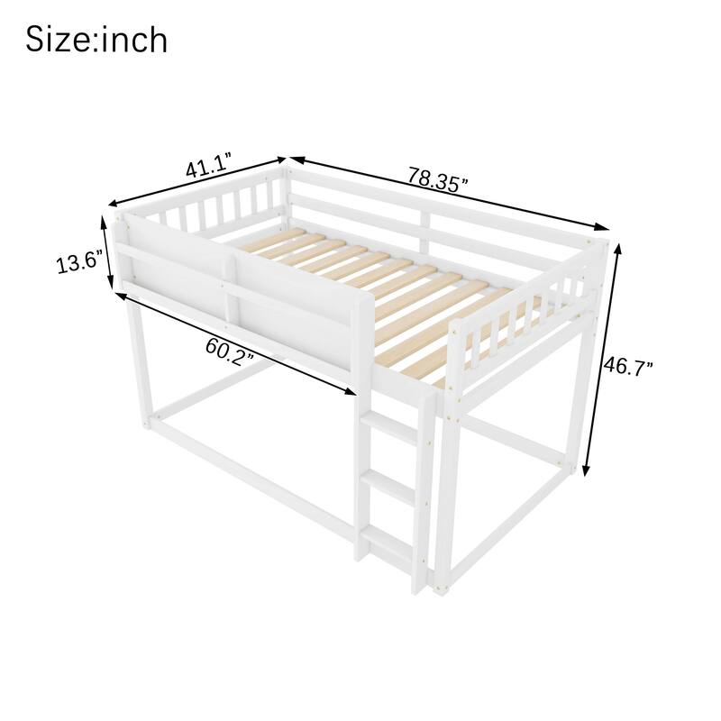 Low Twin Over Twin Bunk Bed, Floor Bunk Bed with Ladder and Storage Shelf, Convertible Design Twin Size Bunk Bed Frame