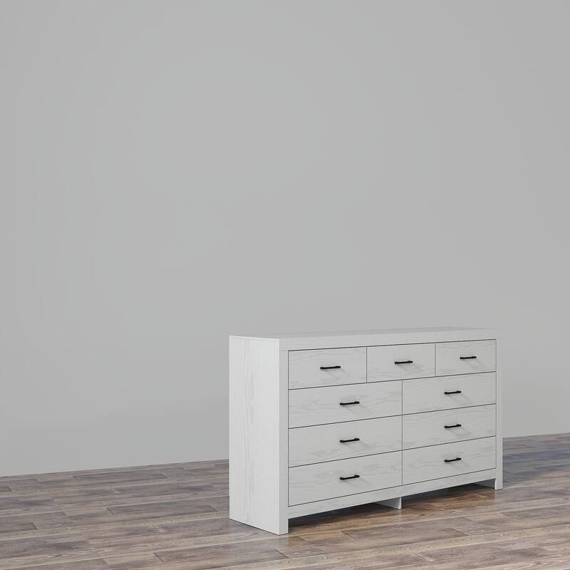 63" White 9 Drawer Dresser for Bedroom, Modern Wide Wood Storage Dresser with Metal Handles