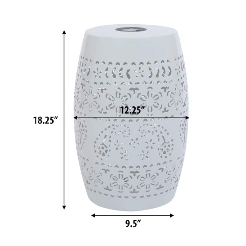 Roomfitters Solar Powered Garden Side Table, Metal Outdoor End Table with Decorative Floral Cutouts and LED Light, White