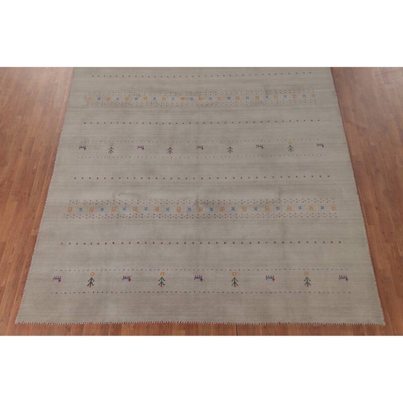 Tribal Gabbeh Area Rug Hand-Knotted Grey Wool Carpet - 7'11"x 9'7"