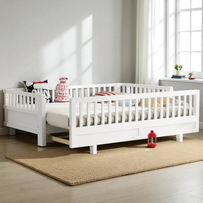 Convertible Twin/Twin XL Solid Wood Platform Bed with Guardrails, Expands to Double Twin or Queen Size, Durable Frame