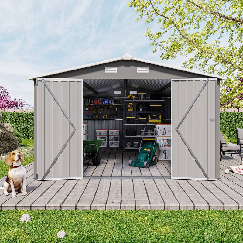 Campcraft Outdoor Storage Shed 10×14 FT with 3 Lockable Doors,4 Air Vents & Sloped Roof,Utility Tool Shed