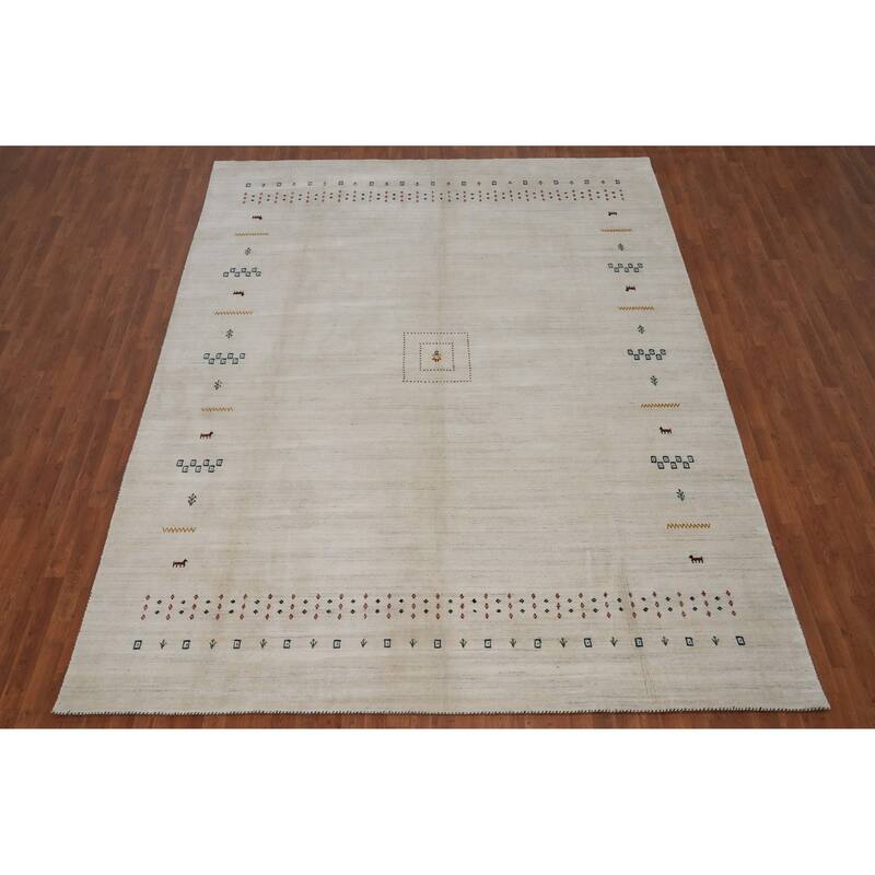 Hand Knotted Oriental 100% Wool Carpet Tribal Animal Pictorial Beige & Ivories Gabbeh Area Rug - 12' 1'' X 9' 3''