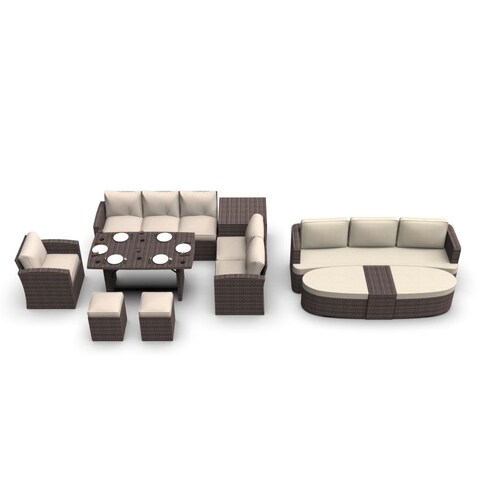 Sofa&Daybed 11-Piece Patio Conversational Sofa and Sectional Daybed Set with Storage Box and Cushions