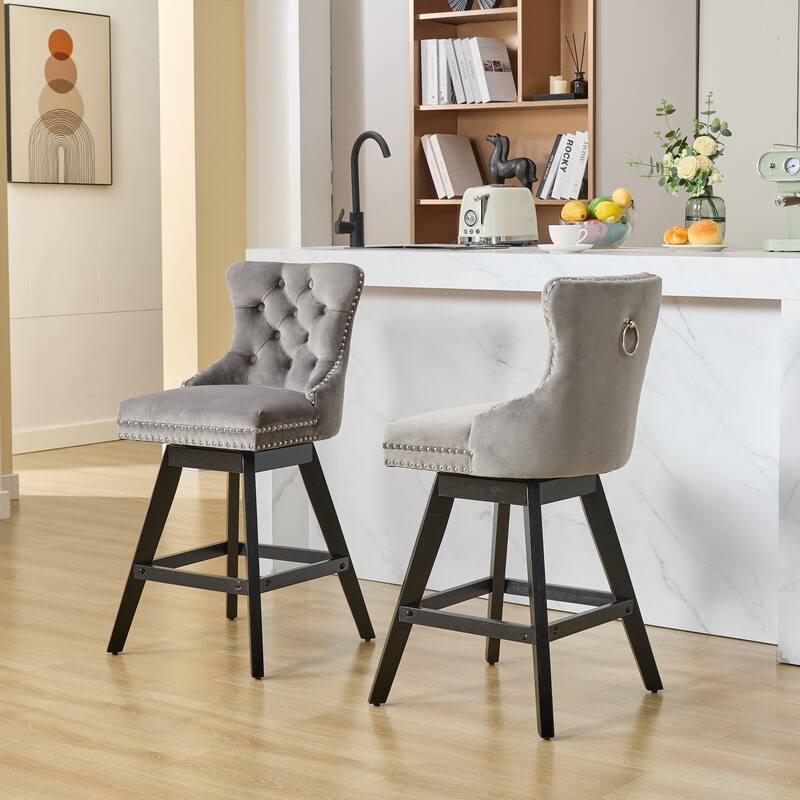 Swivel Bar Stools Set of 2, Velvet Counter Height Barstools with Wooden Legs, Kitchen Island Chairs with Button Backrest