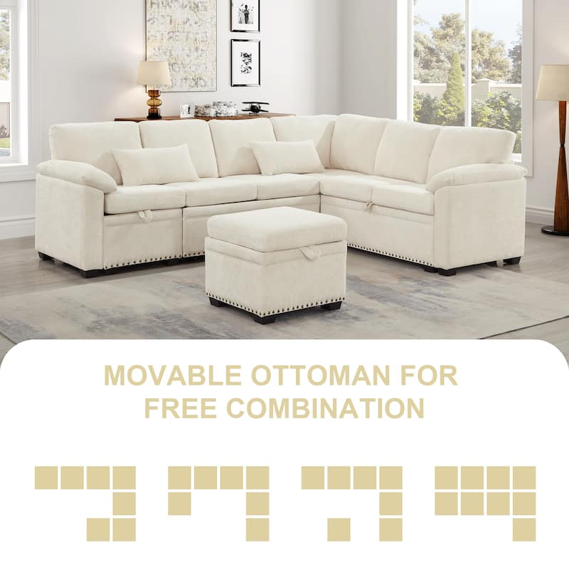 L-Shaped Chenille Sectional Sofa with Pull-Out Bed, Upholstered Convertible 7-Seater Sofa with Storage Ottoman & 2 Pillows